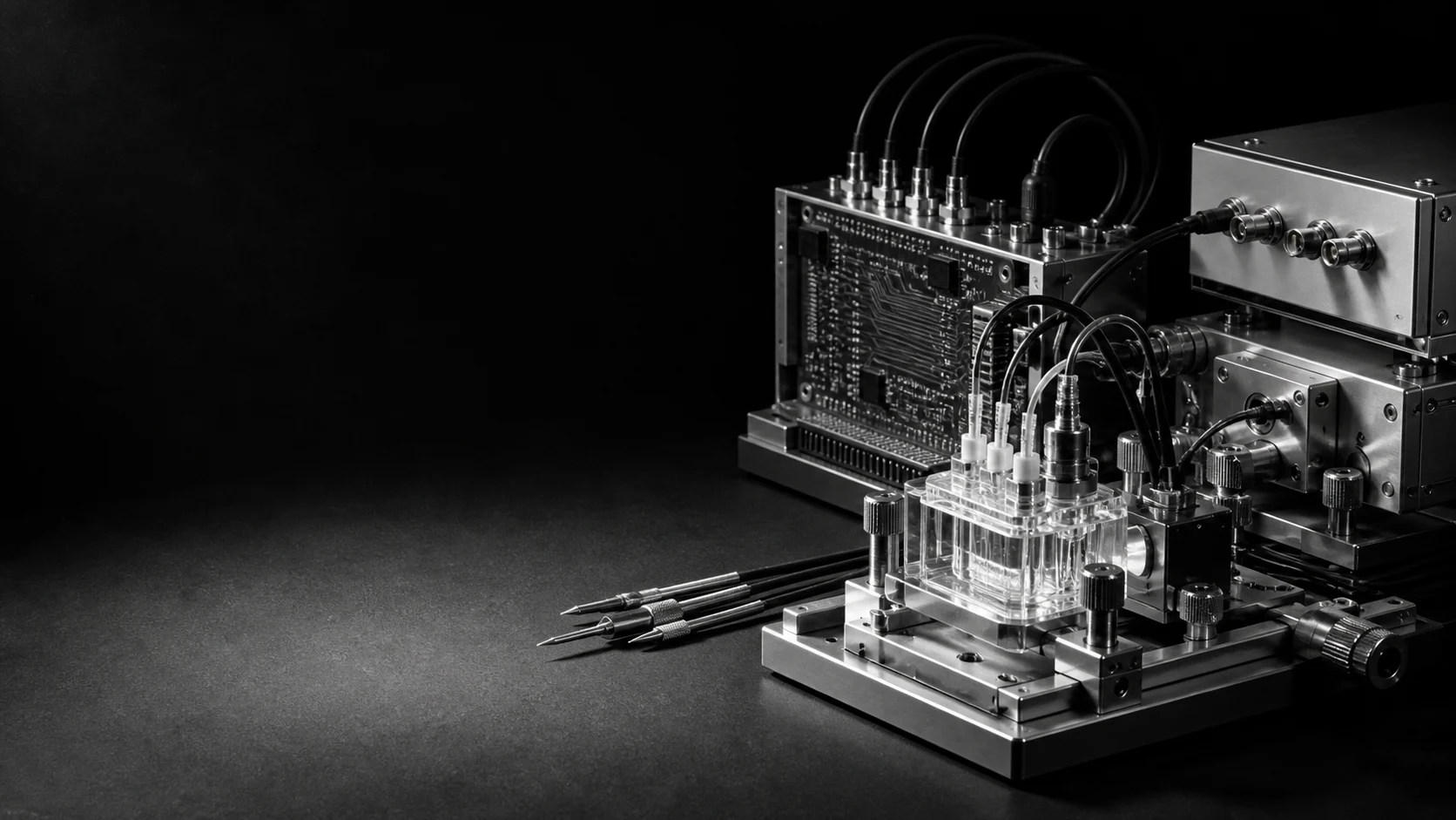 Electrochemical sensing bench under cold directional light — a fluid test cell, probe leads, and instrumentation electronics on a matte dark surface.